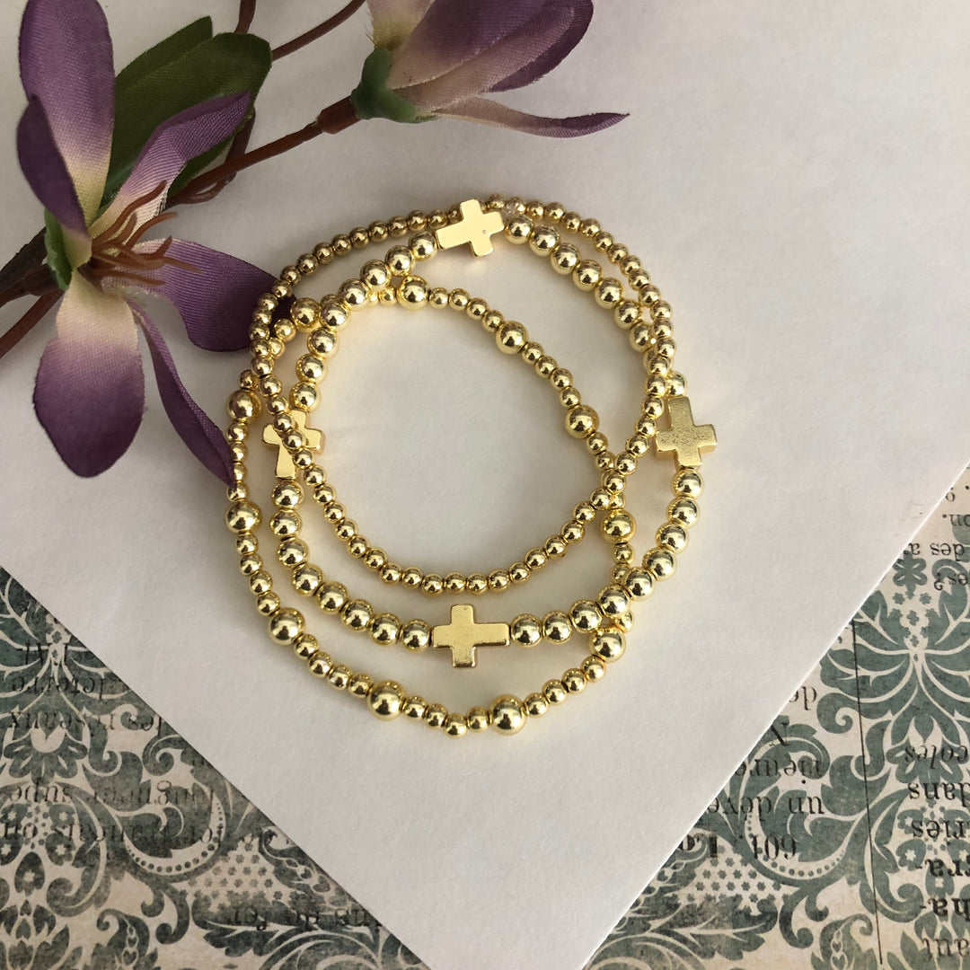 Gold Bead and Cross Stretch Set of 3