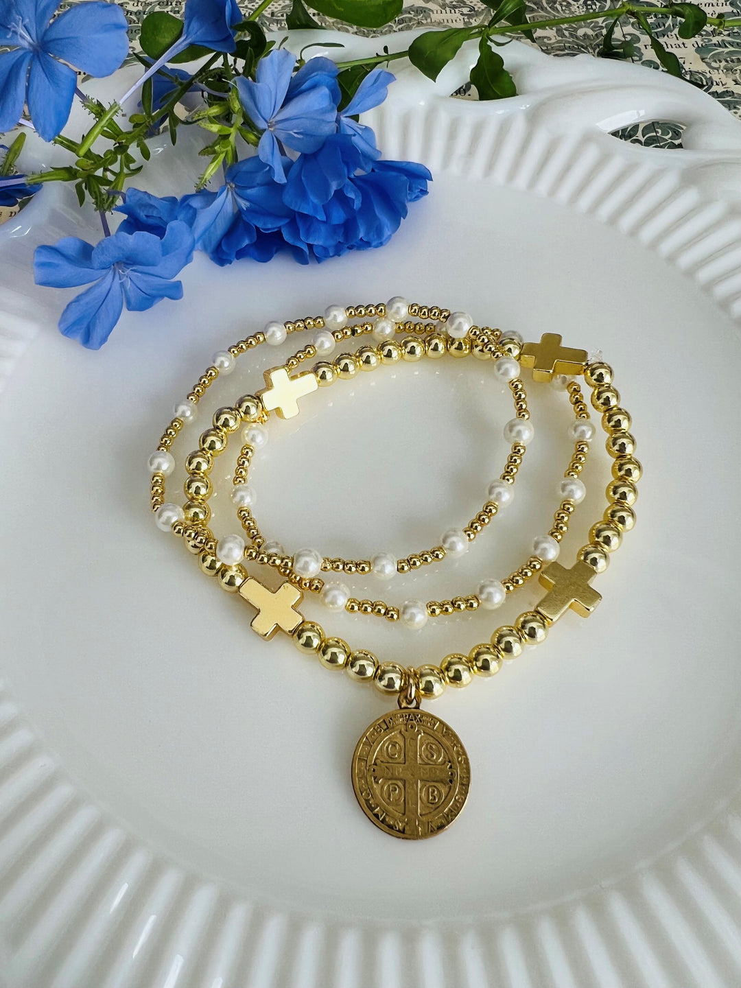 Pearl and Gold Bead Stretch Set of 3 with Benedict