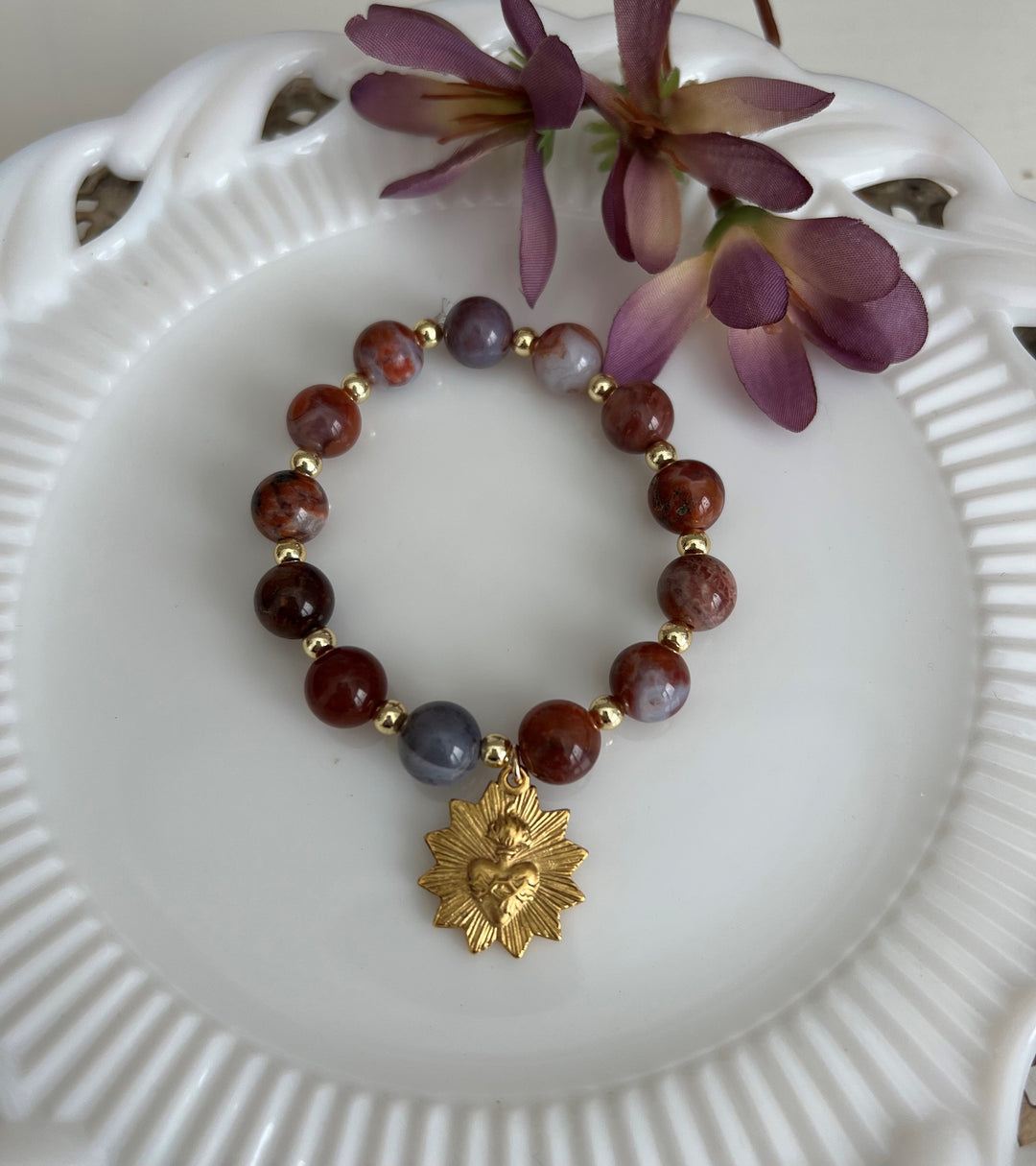Sacred Heart with Purple Amber Stone stretch