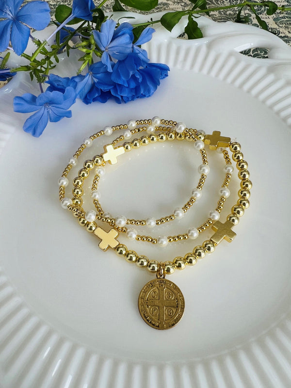 Pearl and Gold Bead Stretch Set of 3  with Benedict