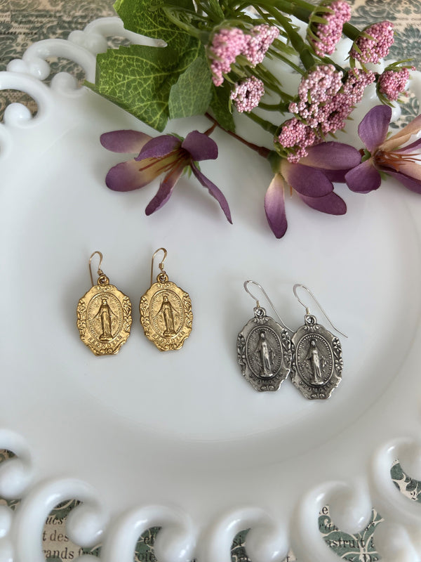 Ornate Miraculous Mary earrings