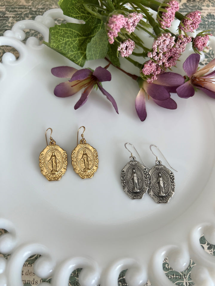 Ornate Miraculous Mary earrings