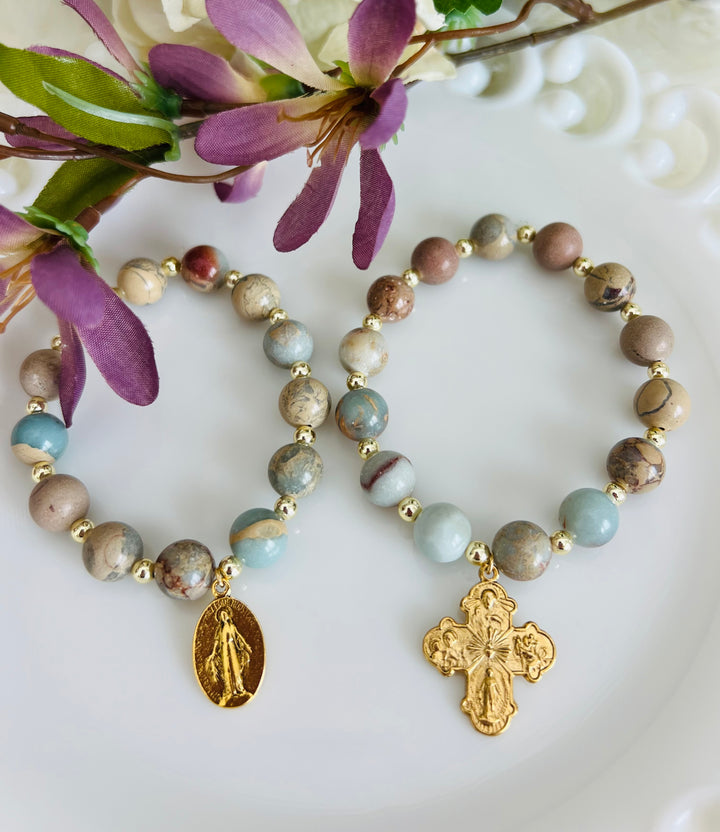 Sacred Heart or Miraculous Mary Blue Jasper Bracelet
