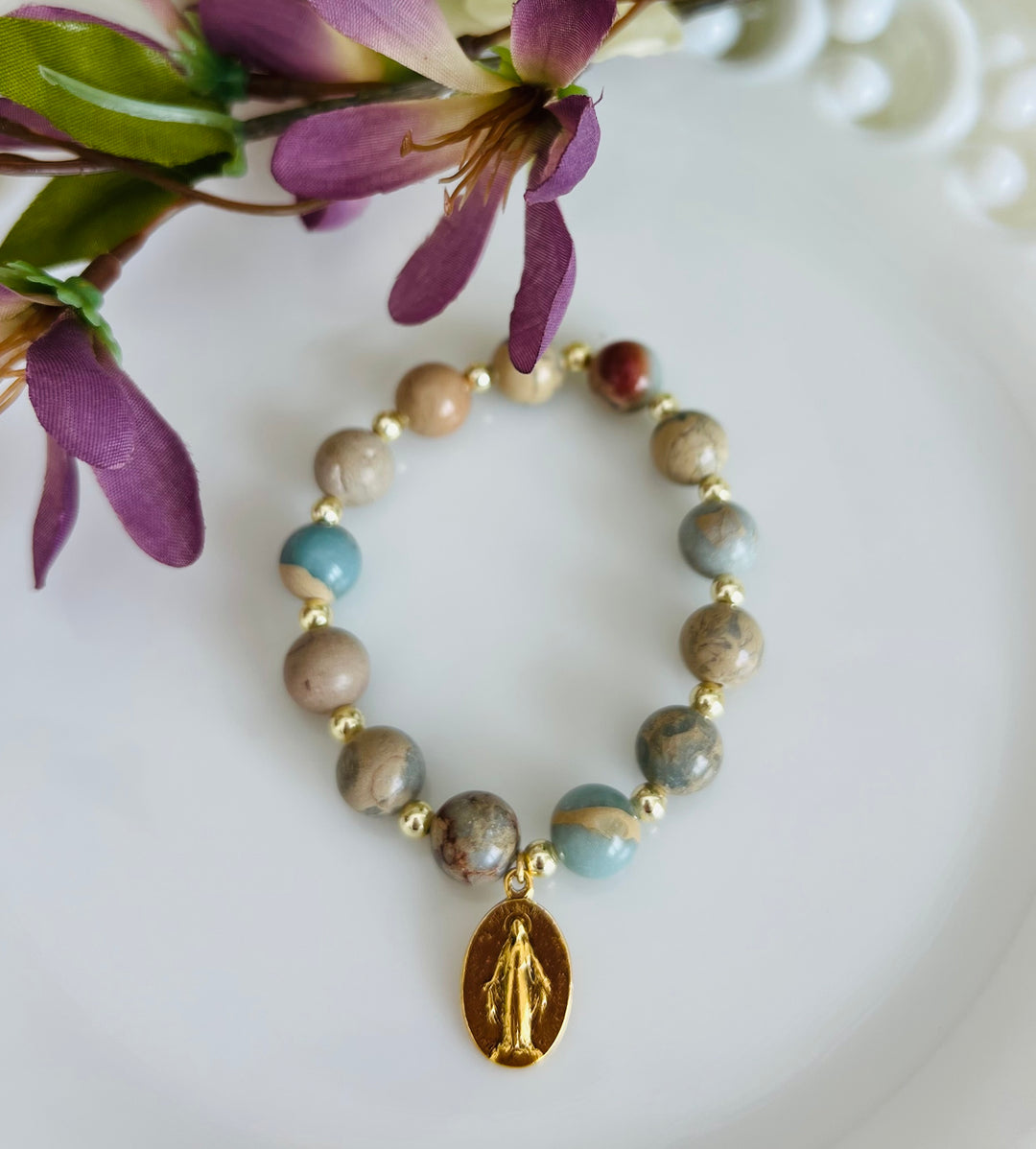 Sacred Heart or Miraculous Mary Blue Jasper Bracelet
