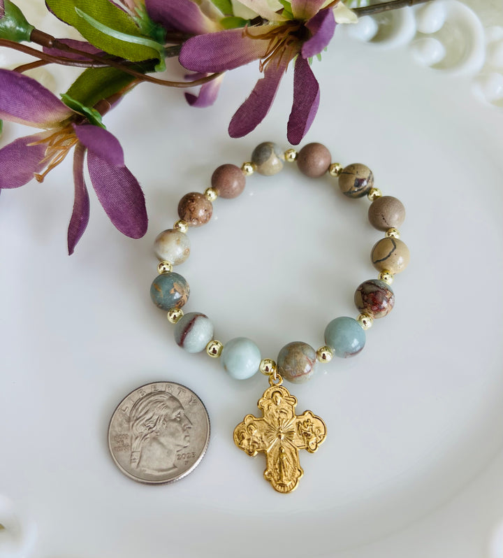 Sacred Heart or Miraculous Mary Blue Jasper Bracelet