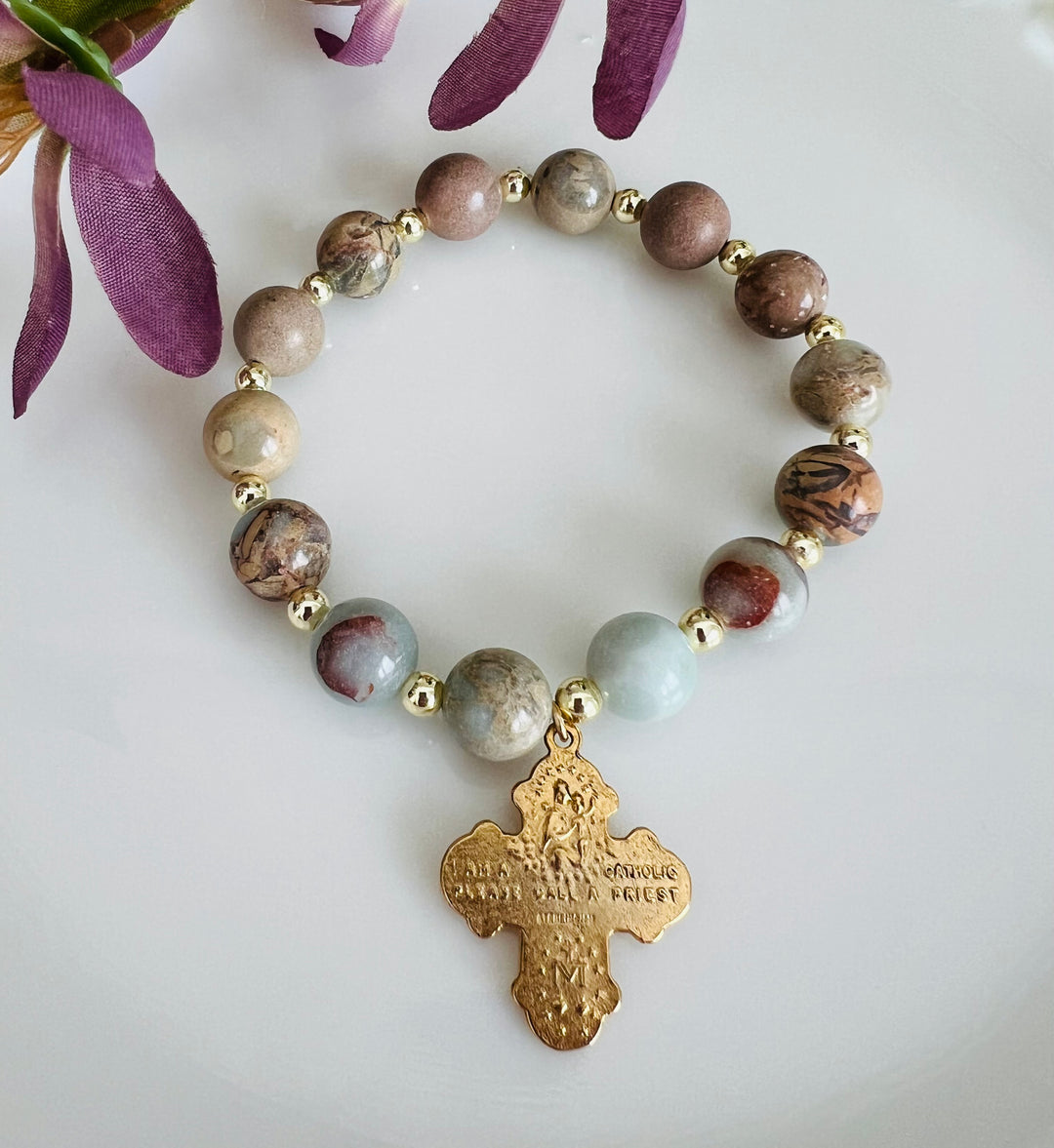 Sacred Heart or Miraculous Mary Blue Jasper Bracelet