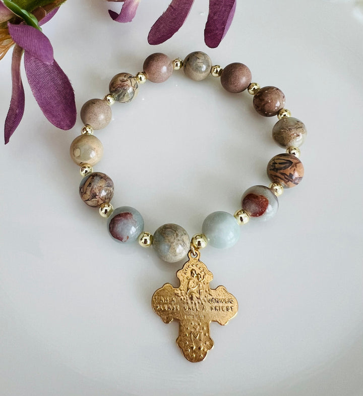 Sacred Heart or Miraculous Mary Blue Jasper Bracelet