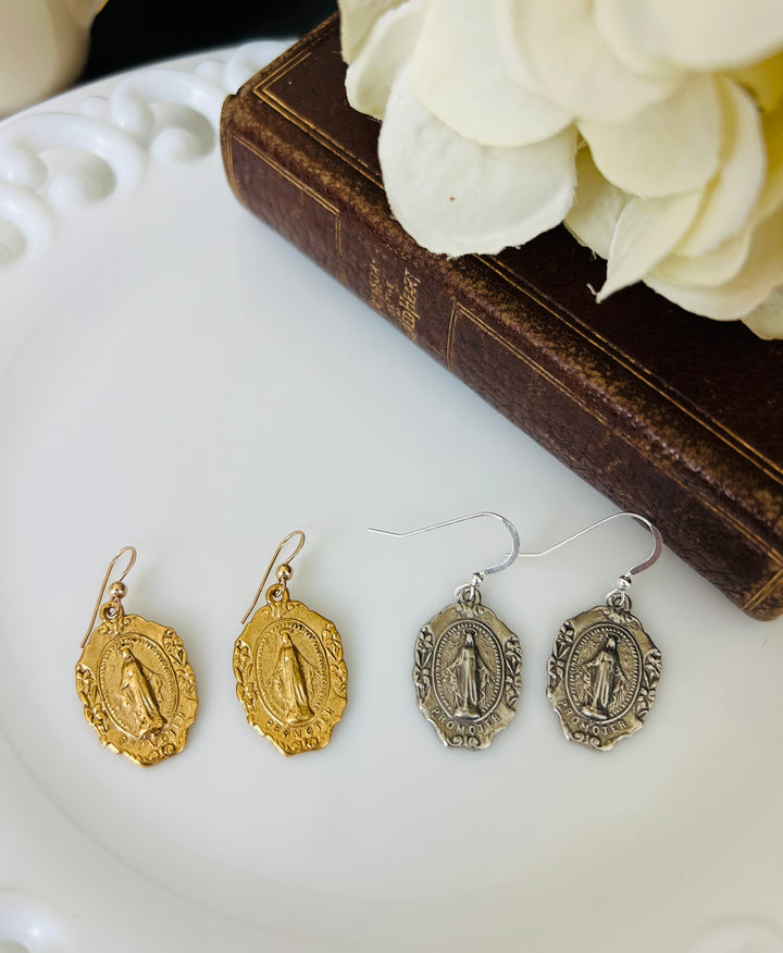 Ornate Miraculous Mary earrings