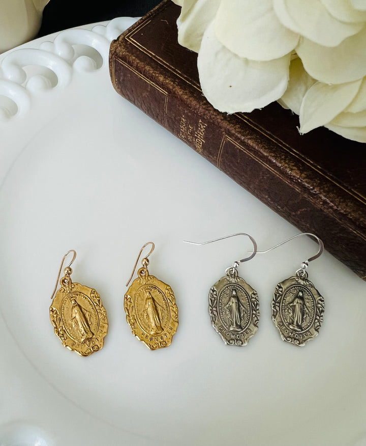 Ornate Miraculous Mary earrings