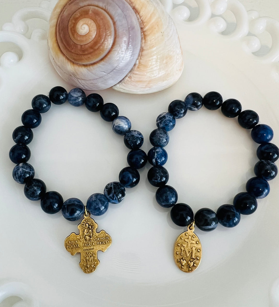 Lapis with 4 way Cross or Miraculous Mary  Stretch Bracelet