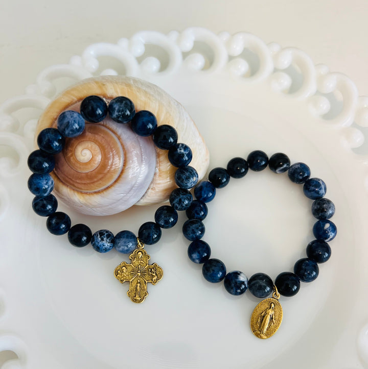 Lapis with 4 way Cross or Miraculous Mary  Stretch Bracelet