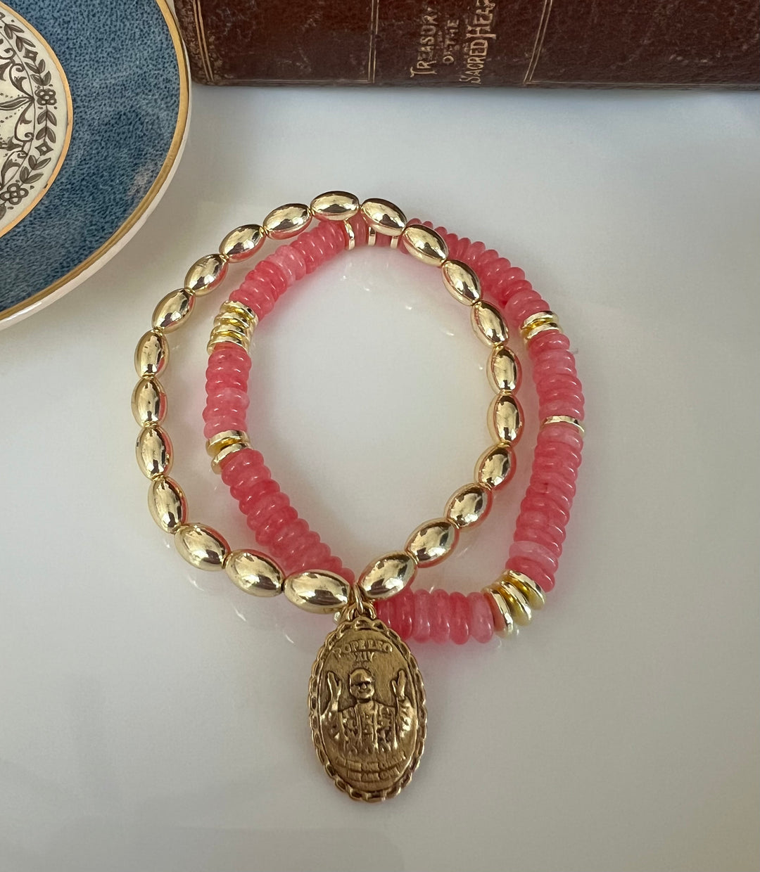St. Anthony or Pope Leo Stacking Bracelets in pink