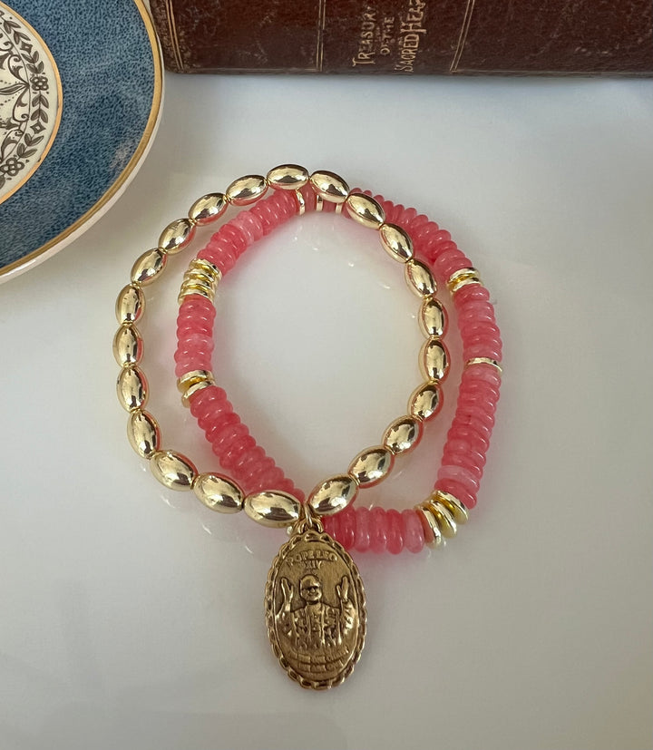 St. Anthony or Pope Leo Stacking Bracelets in pink