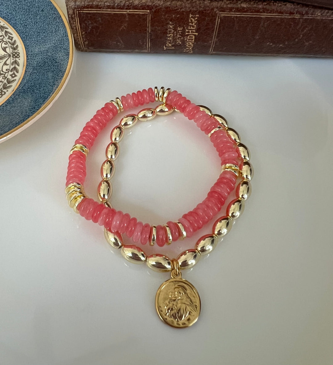St. Anthony or Pope Leo Stacking Bracelets in pink