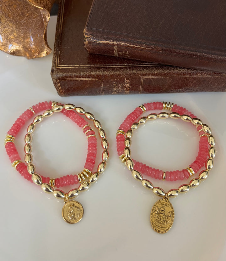 St. Anthony or Pope Leo Stacking Bracelets in pink