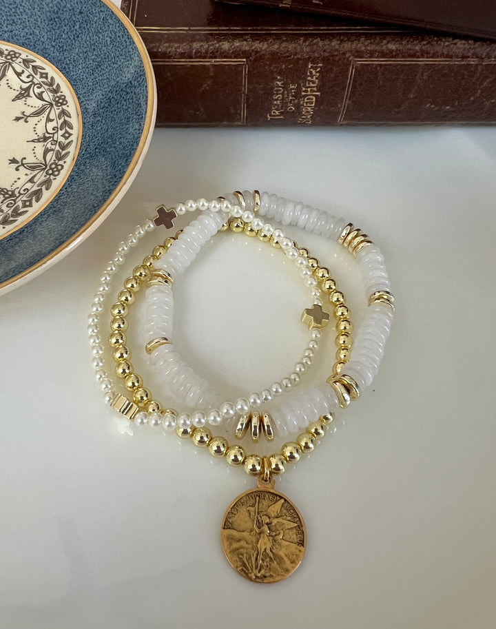 St. Joseph or St. Michael Stacking Bracelets in white