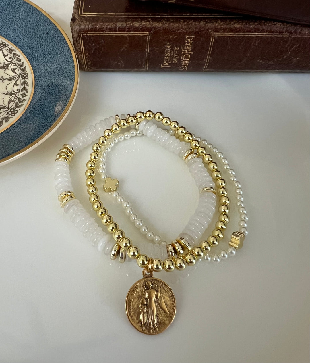 St. Joseph or St. Michael Stacking Bracelets in white