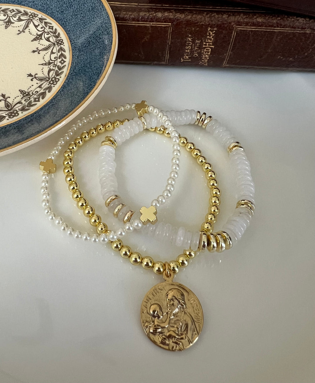 St. Joseph or St. Michael Stacking Bracelets in white