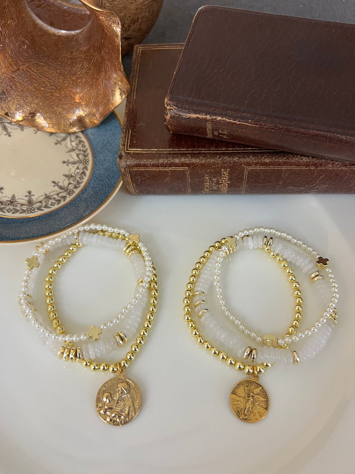 St. Joseph or St. Michael Stacking Bracelets in white