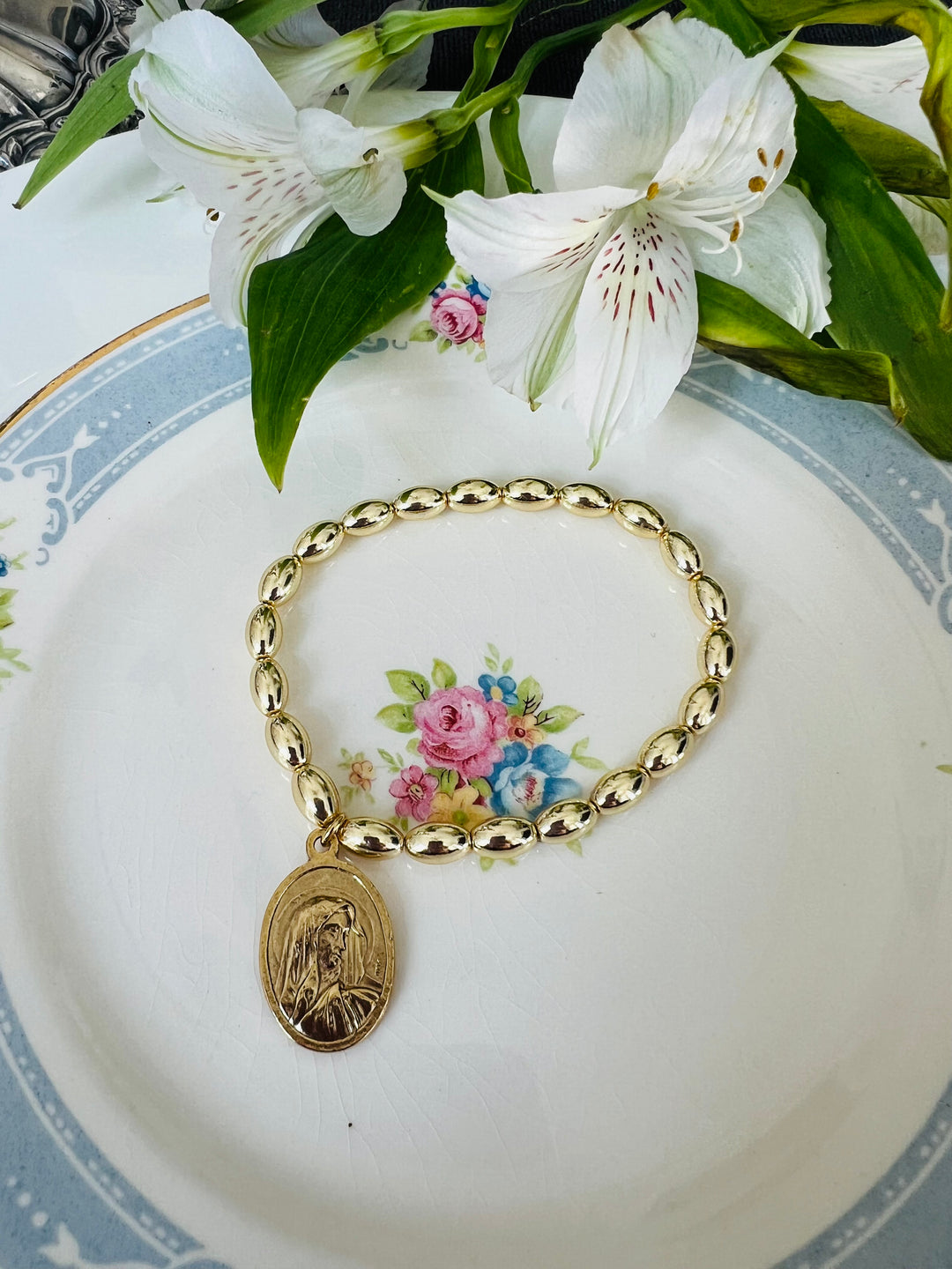 St. Peregrine or Fatima Gold Stretch Bracelet