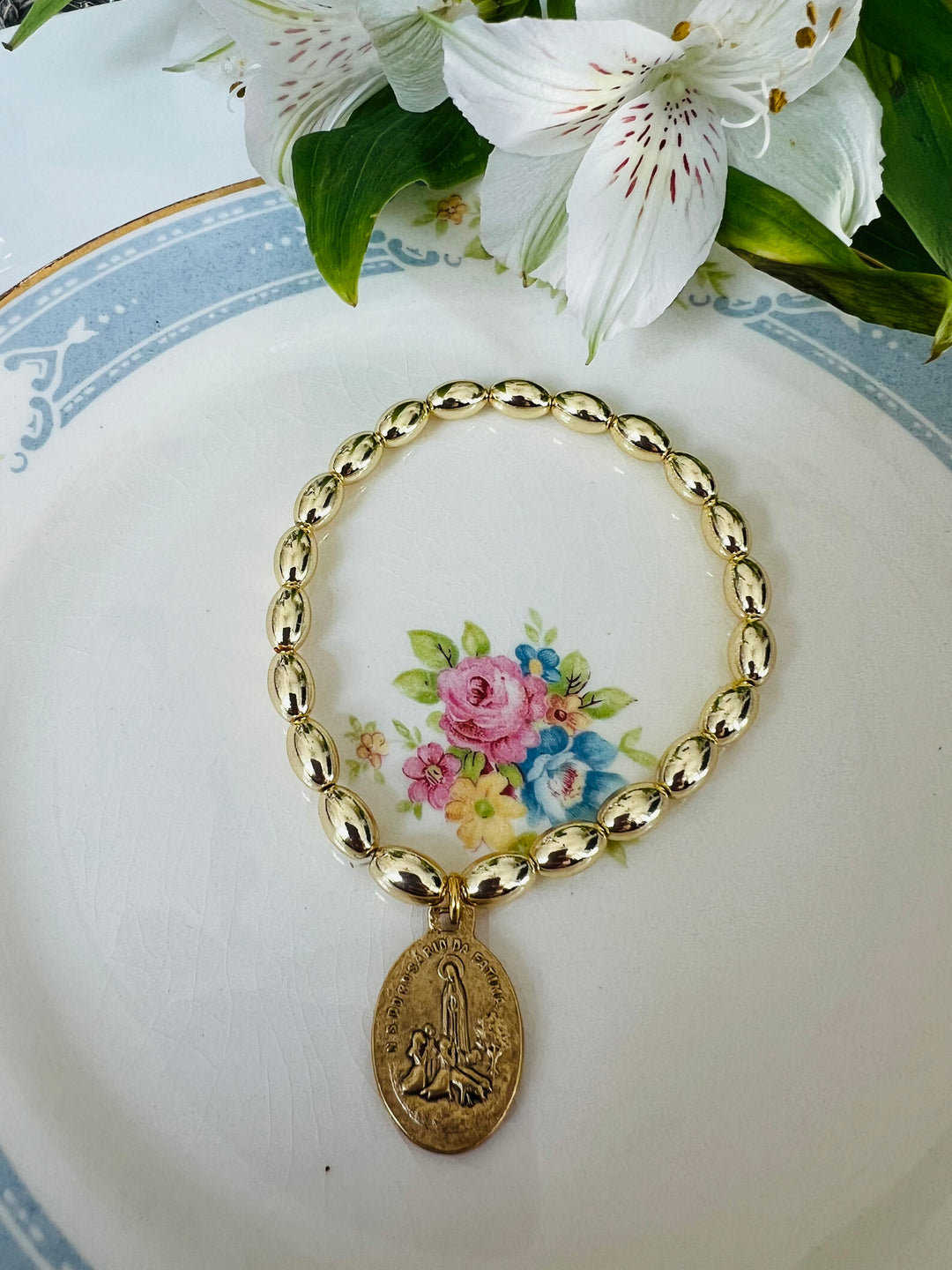 St. Peregrine or Fatima Gold Stretch Bracelet