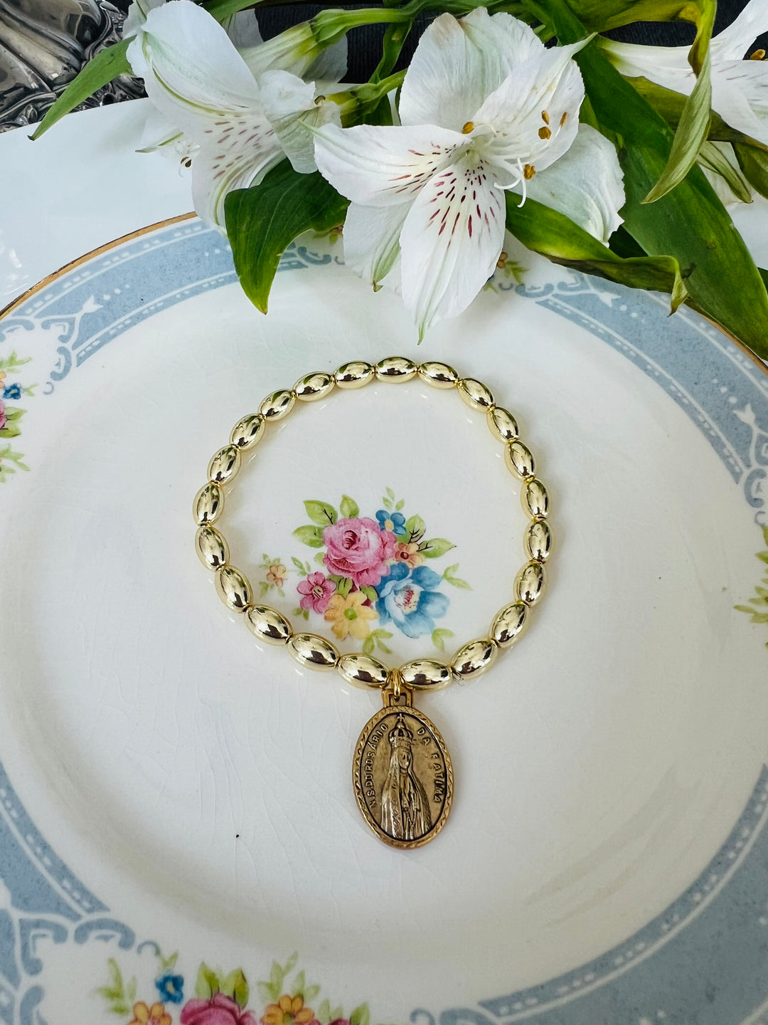 St. Peregrine or Fatima Gold Stretch Bracelet
