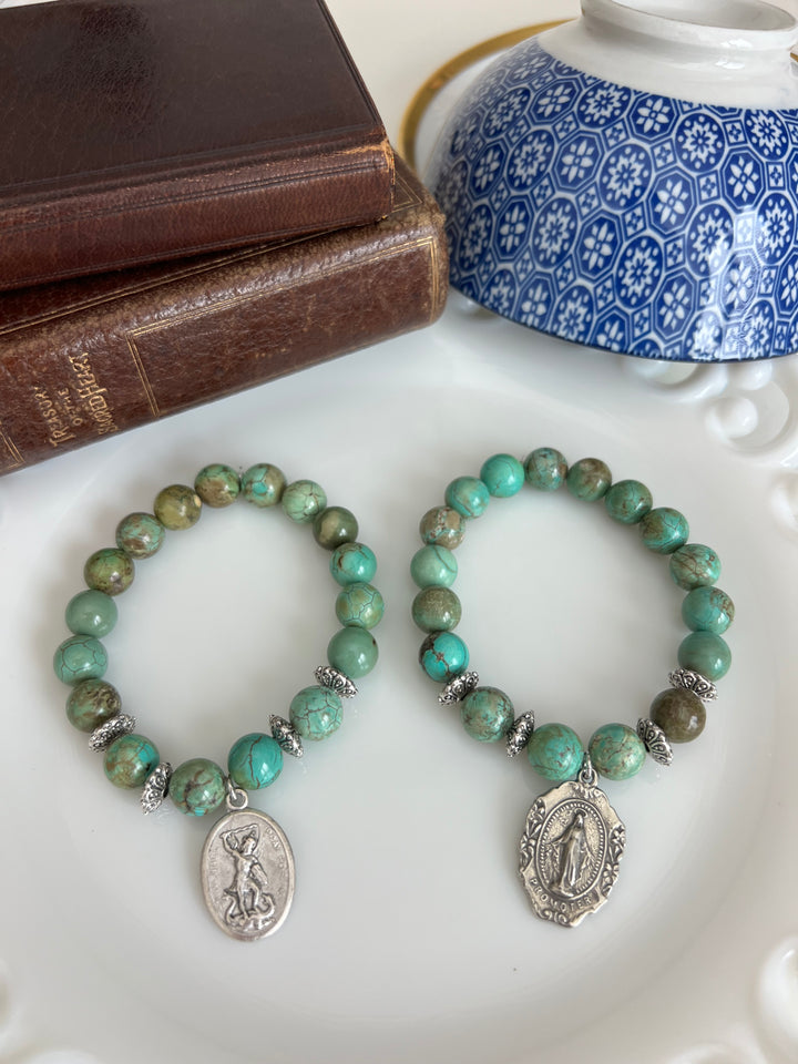 St. Michael or Miraculous Mary with Turquoise Green Stones