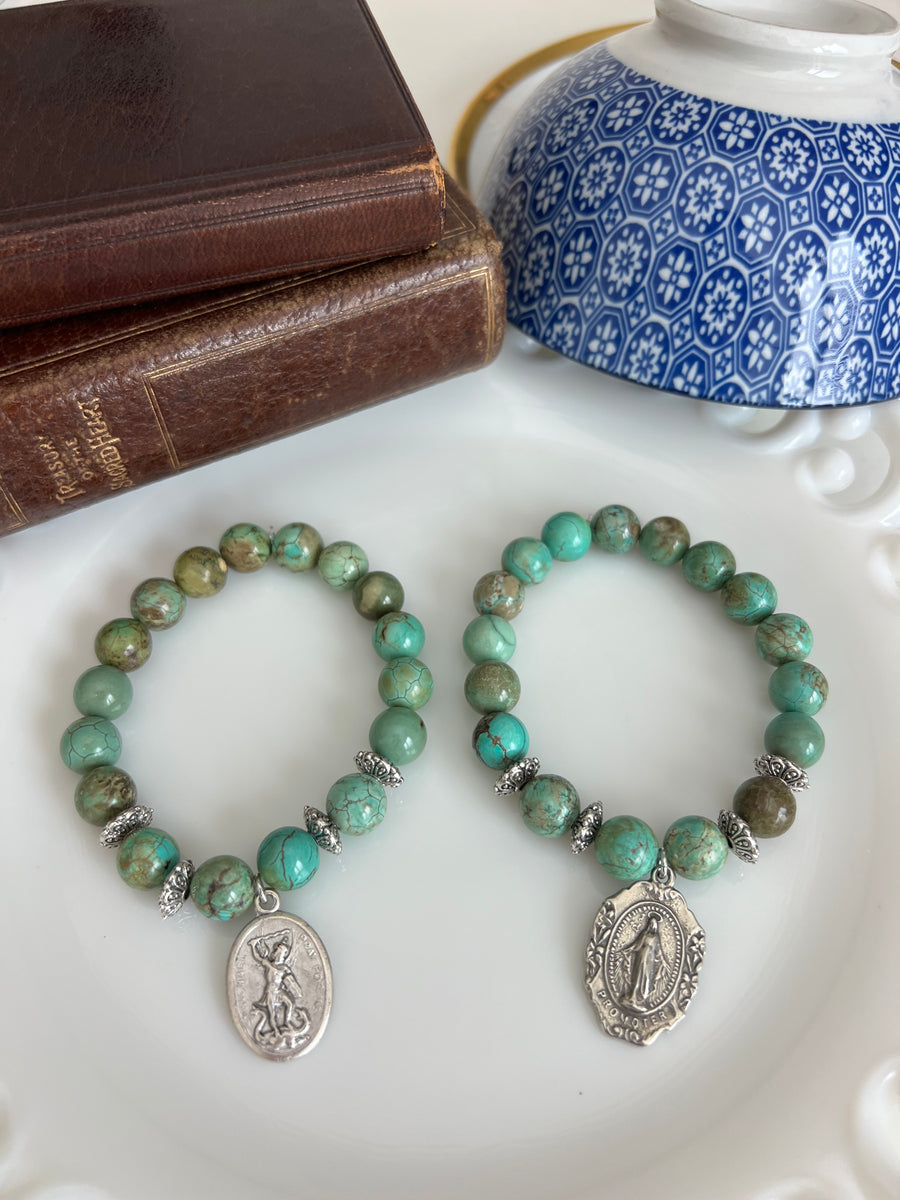 St. Michael or Miraculous Mary with Turquoise Green Stones
