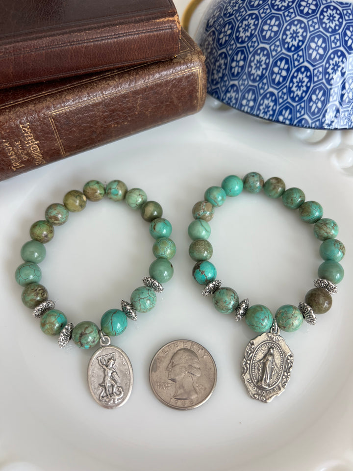 St. Michael or Miraculous Mary with Turquoise Green Stones
