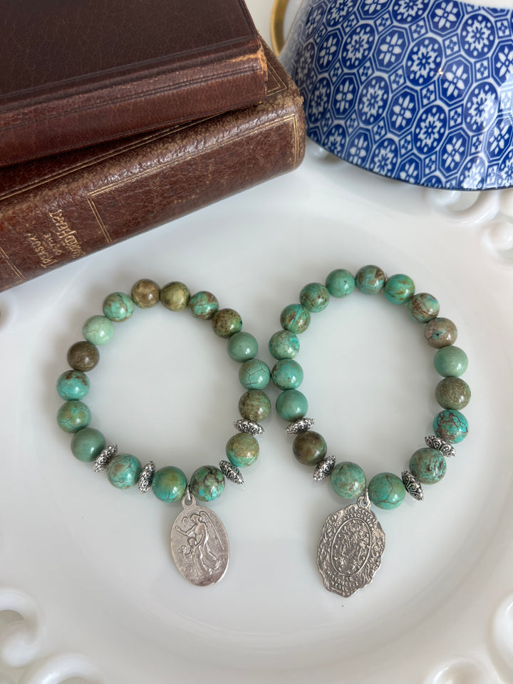 St. Michael or Miraculous Mary with Turquoise Green Stones