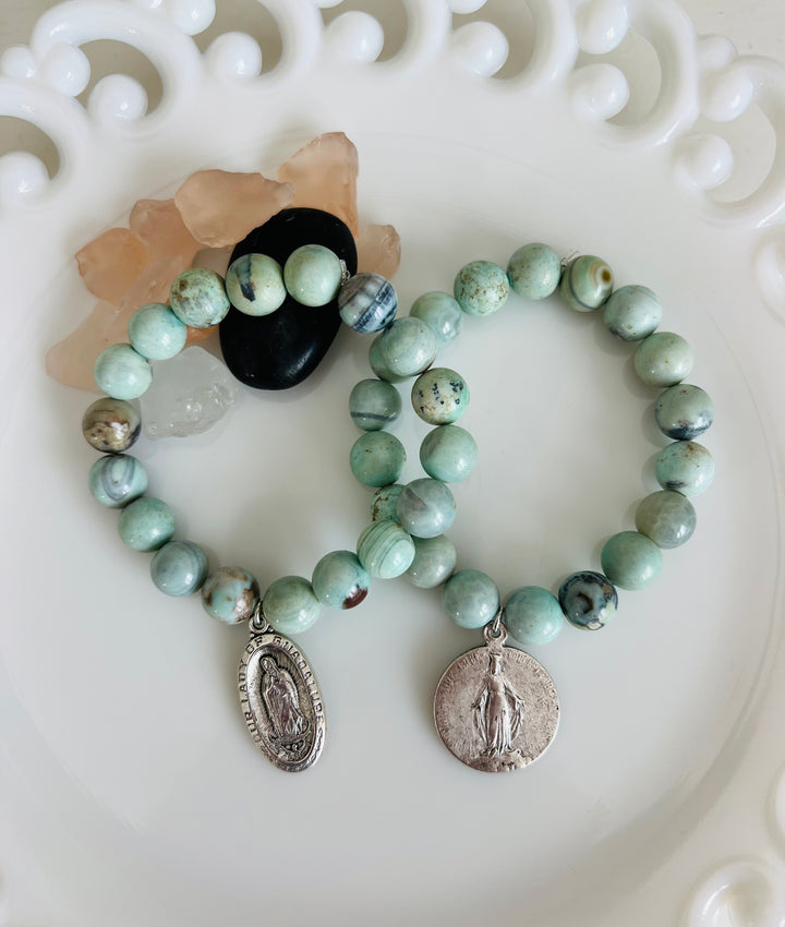 Turquoise Agate and Mary Stretch Bracelet