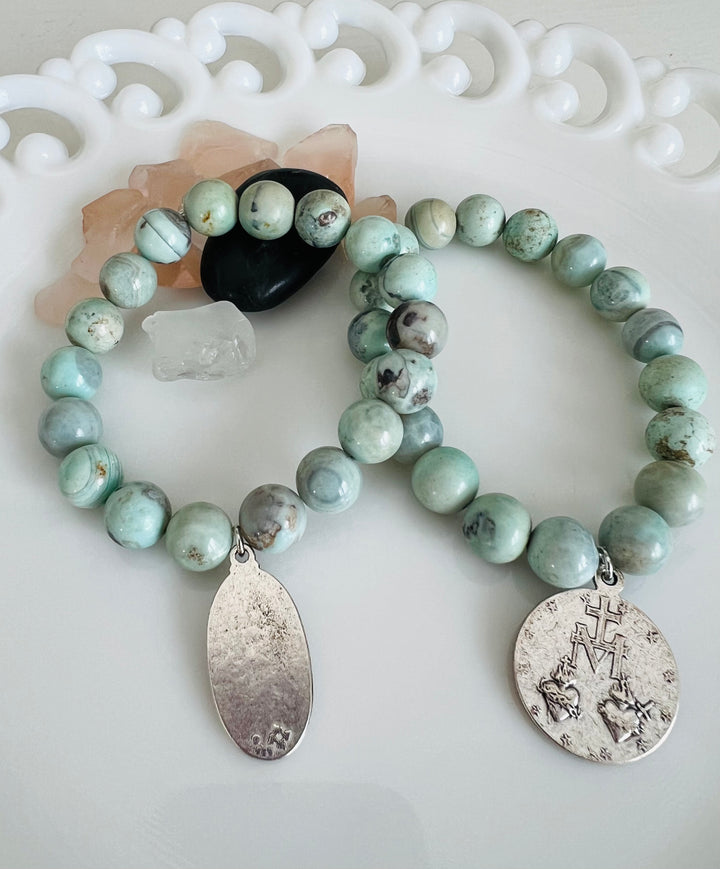 Turquoise Agate and Mary Stretch Bracelet